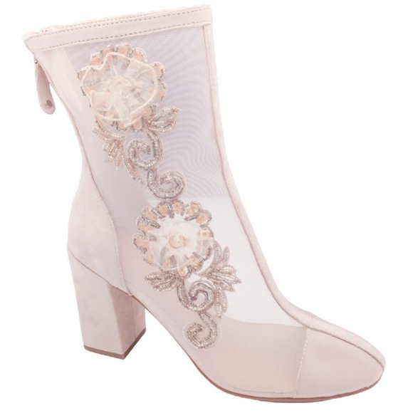 Avec Les Filles Shoes - Pink Kid Suede and Mesh Embroidered Boot 8M  SALE